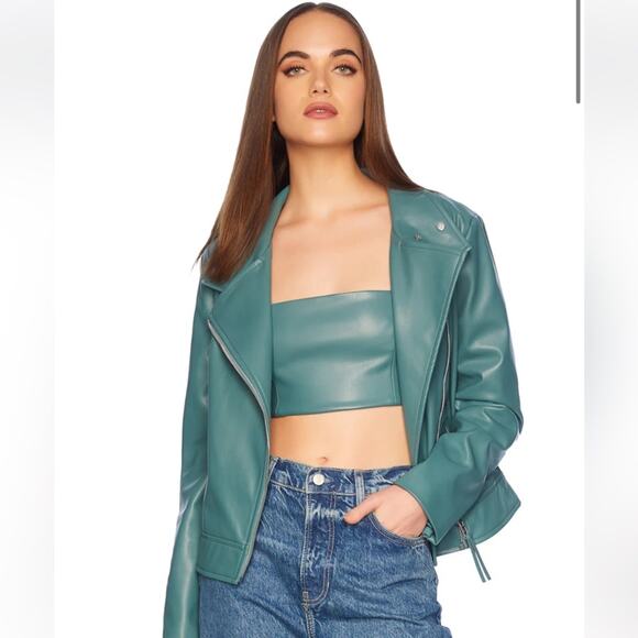 susan monaco teal green faux leather classic moto jacket coat size small NEW - Picture 8 of 8